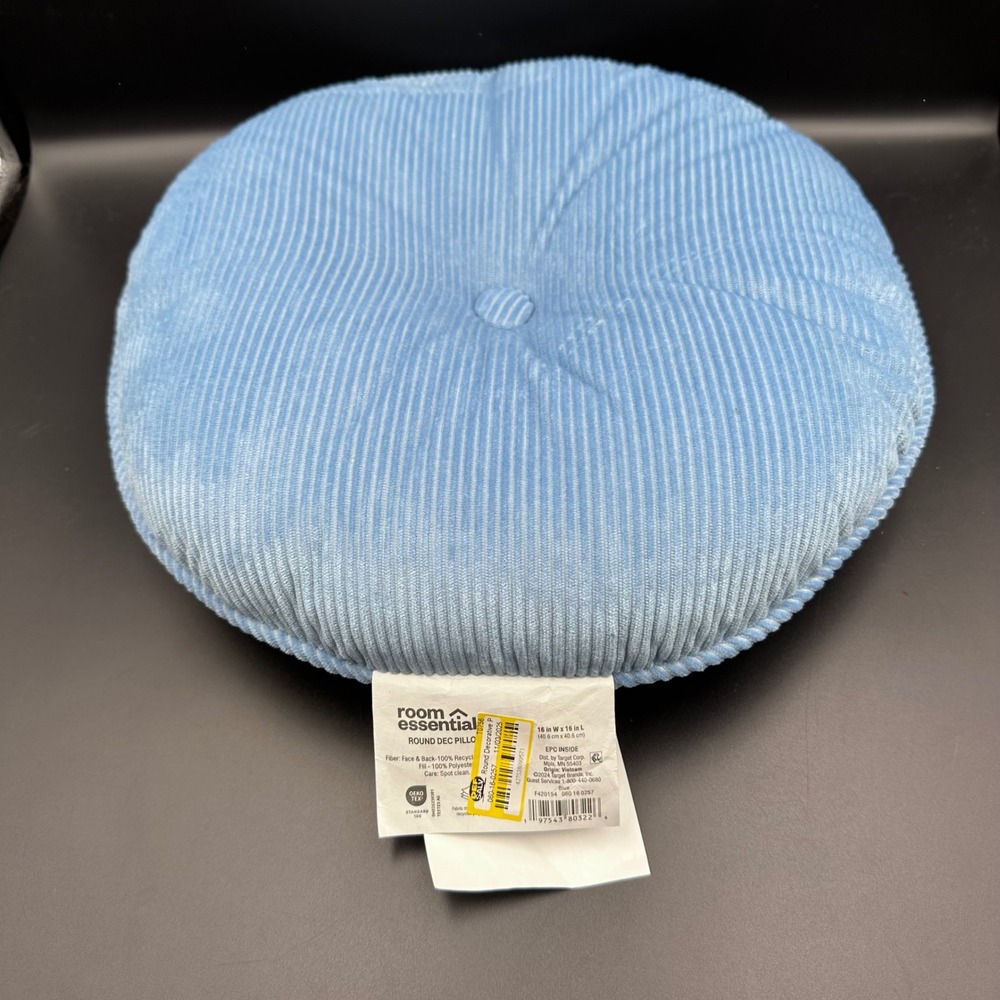 Room Essentials Round Corduroy Decorative Throw Pillow Blue 16in Tufted Button